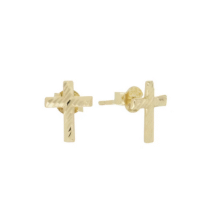 Par de broqueles de oro amarillo de 14K en forma de cruz con un acabado diamantado texturizado.