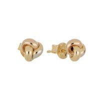 Broqueles de oro para mujer. Broqueles de oro 14k. Broquel nudo Aretes de nudo de amor en oro tricolor (amarillo, blanco y rosa) con acabado pulido y cierre de poste.