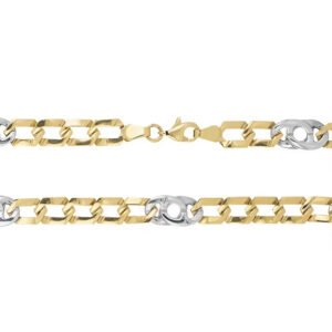 Cadena troquelada de oro de 14K con eslabones marineros planos en oro amarillo y eslabones de oro blanco intercalados, con cierre de langosta.