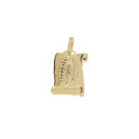 Medalla de oro 14k con forma de pergamino y la imagen de la Virgen de Guadalupe grabada en el centro.