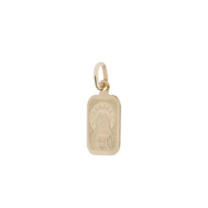 Medalla de oro de 14 kilates con grabado del Sagrado Corazón de Jesús. Joya de oro de forma rectangular y acabado brillante.
