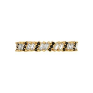 Churumbela de oro de 14 kilates con zirconias blancas de corte baguette en zigzag y pequeñas zirconias negras redondas.