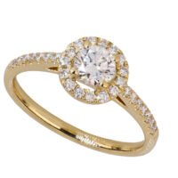 Anillo corte circular con Halo redondo en oro amarillo 14k con diamantes de laboraorio en Pave